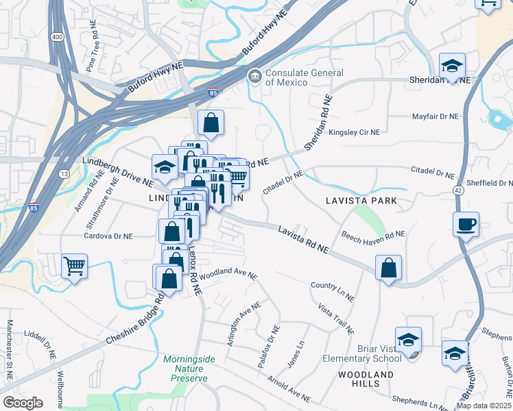 map of restaurants, bars, coffee shops, grocery stores, and more near 1002 Citadel Drive Northeast in Atlanta
