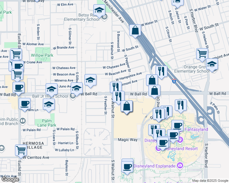 map of restaurants, bars, coffee shops, grocery stores, and more near 891 South Walnut Street in Anaheim