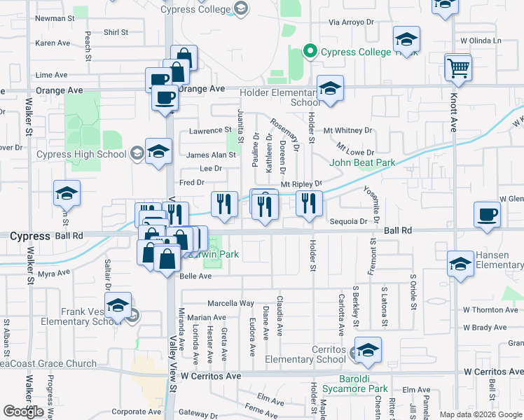 map of restaurants, bars, coffee shops, grocery stores, and more near 9950 Juanita Street in Cypress