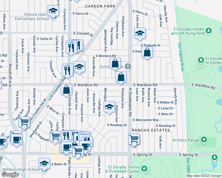 map of restaurants, bars, coffee shops, grocery stores, and more near 6721 East Coralite Street in Long Beach