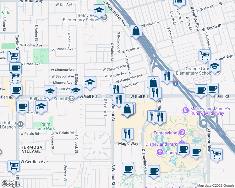 map of restaurants, bars, coffee shops, grocery stores, and more near 891 South Walnut Street in Anaheim