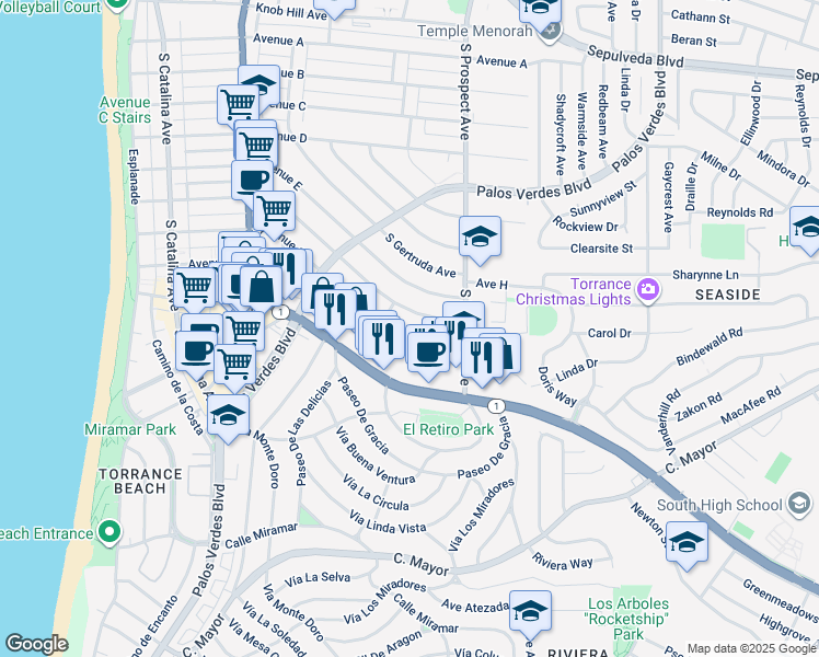 map of restaurants, bars, coffee shops, grocery stores, and more near in Redondo Beach