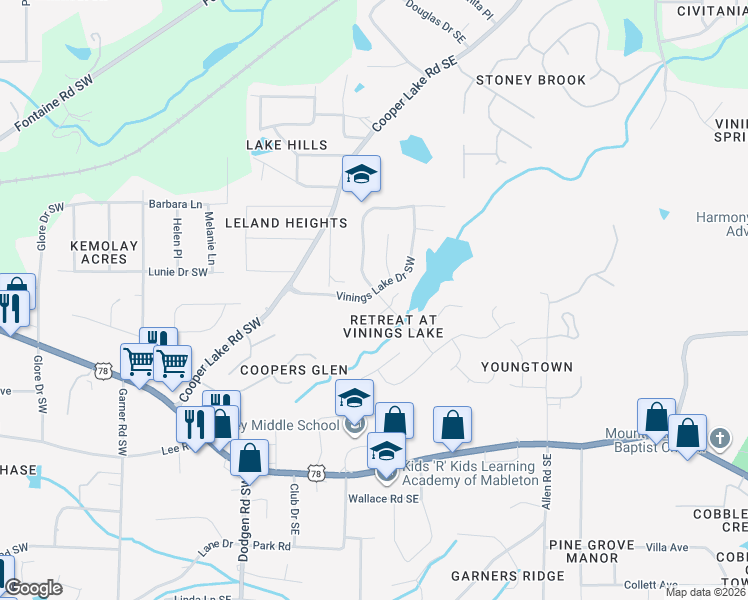 map of restaurants, bars, coffee shops, grocery stores, and more near 5374 Vinings Lake View Southwest in Mableton