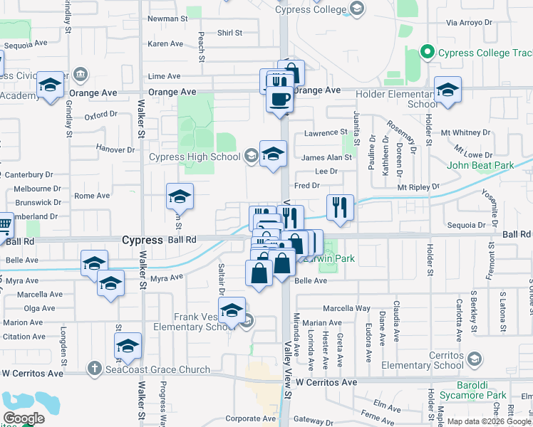 map of restaurants, bars, coffee shops, grocery stores, and more near in Cypress
