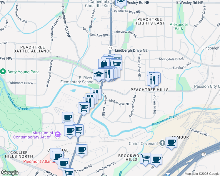 map of restaurants, bars, coffee shops, grocery stores, and more near 28 Peachtree Hills Avenue Northeast in Atlanta