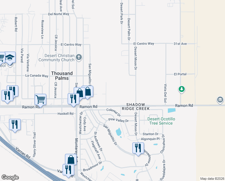 map of restaurants, bars, coffee shops, grocery stores, and more near 72630 Ramon Road in Thousand Palms