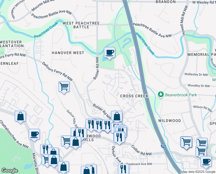 map of restaurants, bars, coffee shops, grocery stores, and more near 155 Amherst Place Northwest in Atlanta