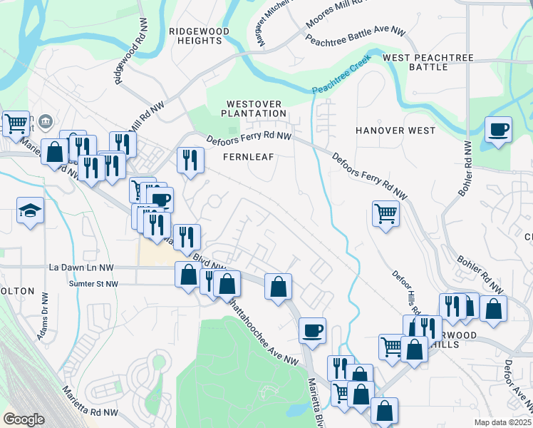 map of restaurants, bars, coffee shops, grocery stores, and more near 1296 Liberty Parkway Northwest in Atlanta