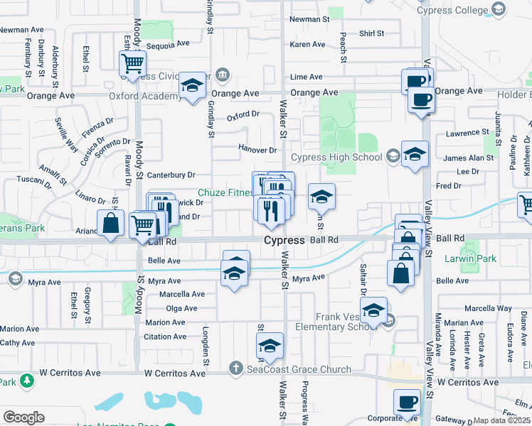 map of restaurants, bars, coffee shops, grocery stores, and more near 9907 Walker Street in Cypress