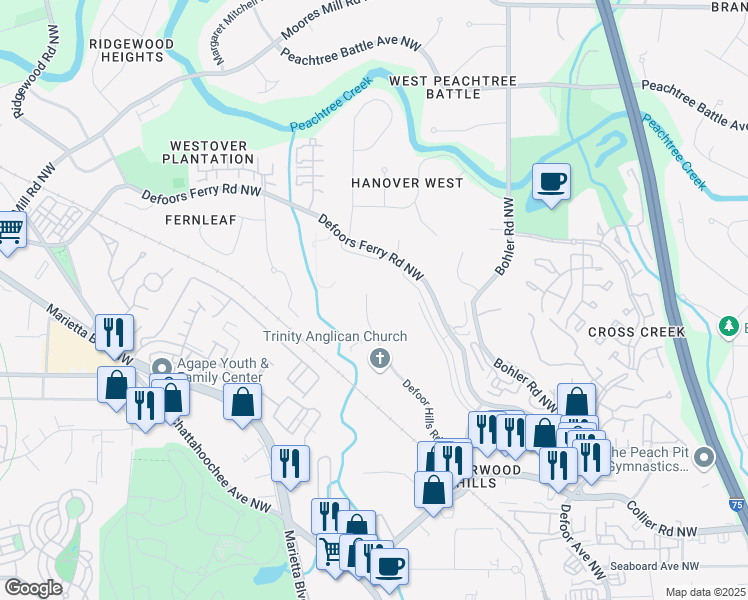 map of restaurants, bars, coffee shops, grocery stores, and more near 2323 Defoor Hills Road Northwest in Atlanta