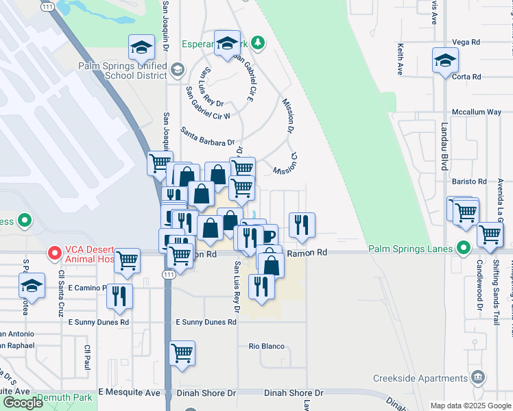 map of restaurants, bars, coffee shops, grocery stores, and more near 18 Lakeview Circle in Cathedral City