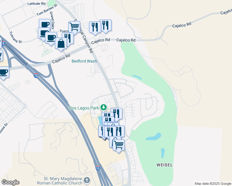 map of restaurants, bars, coffee shops, grocery stores, and more near 4156 Windspring Street in Corona