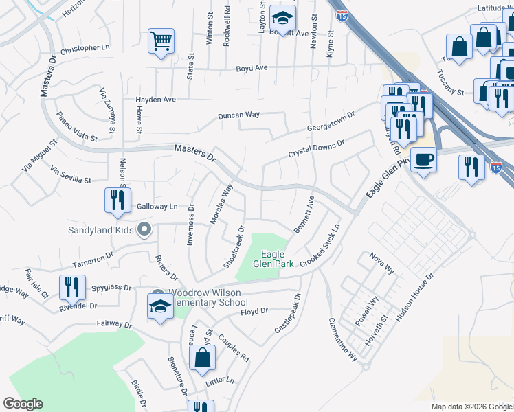 map of restaurants, bars, coffee shops, grocery stores, and more near 4106 Prairie Dunes Drive in Corona