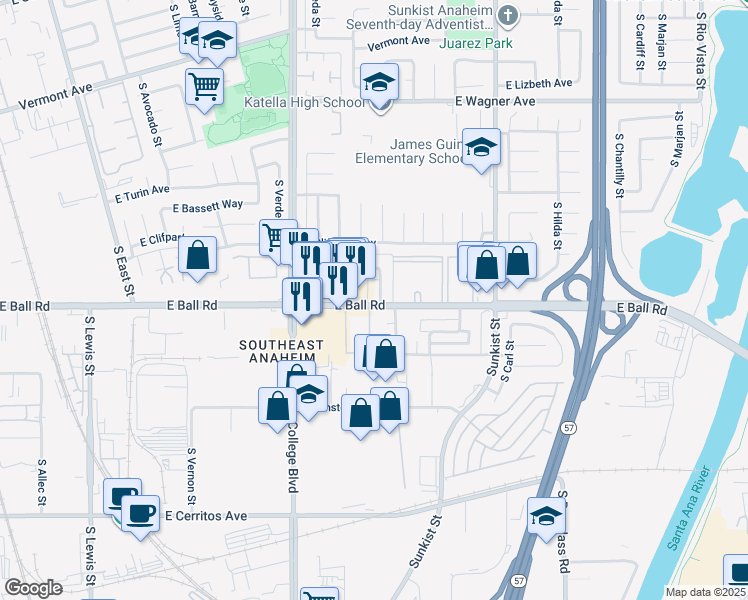 map of restaurants, bars, coffee shops, grocery stores, and more near 2126 East Almont Avenue in Anaheim