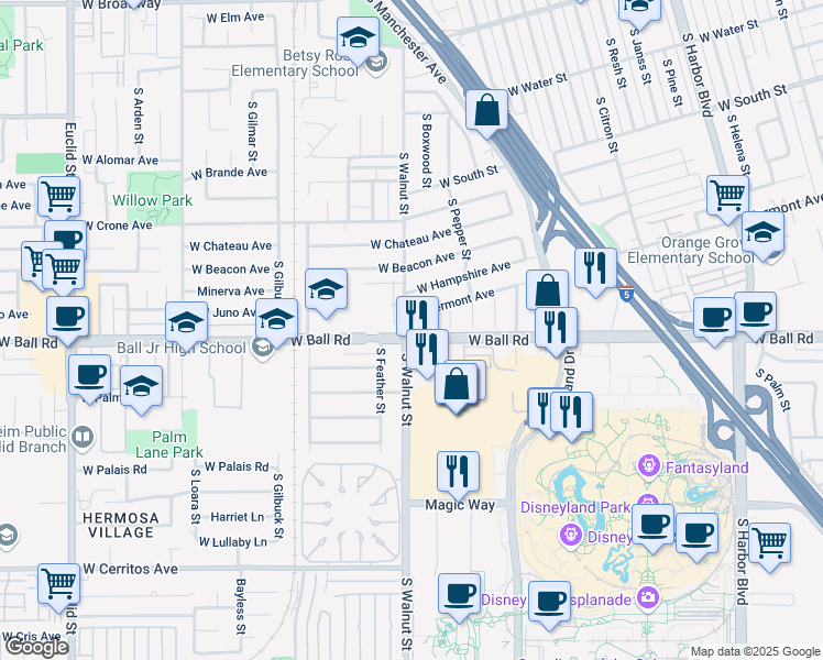 map of restaurants, bars, coffee shops, grocery stores, and more near 891 South Walnut Street in Anaheim