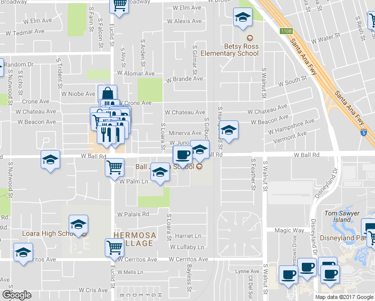 map of restaurants, bars, coffee shops, grocery stores, and more near 1537 West Juno Avenue in Anaheim