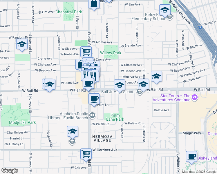 map of restaurants, bars, coffee shops, grocery stores, and more near 925 South Arden Place in Anaheim