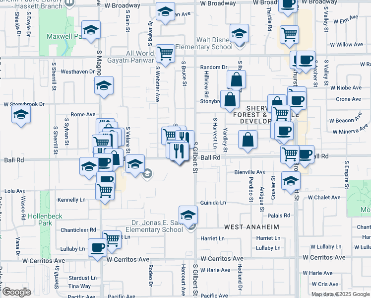 map of restaurants, bars, coffee shops, grocery stores, and more near 920 South Roanne Street in Anaheim