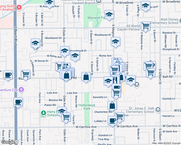 map of restaurants, bars, coffee shops, grocery stores, and more near 902 South Sherrill Street in Anaheim