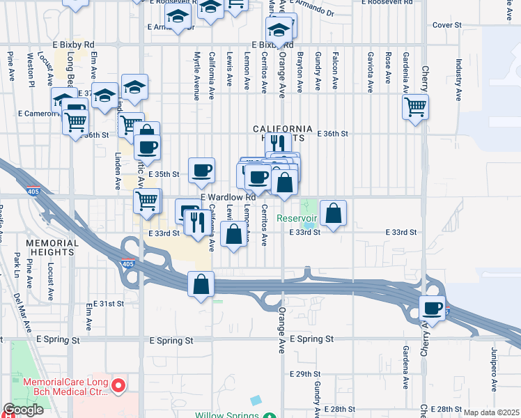 map of restaurants, bars, coffee shops, grocery stores, and more near 1133 East Wardlow Road in Long Beach
