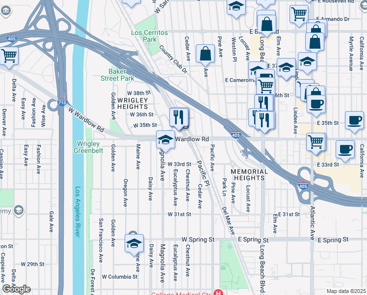 map of restaurants, bars, coffee shops, grocery stores, and more near 3401 Pacific Place in Long Beach