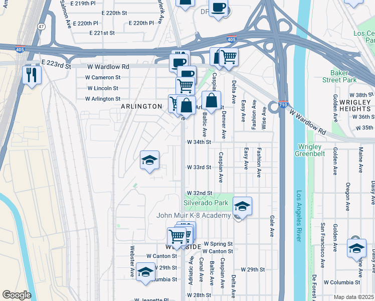 map of restaurants, bars, coffee shops, grocery stores, and more near 3405 Adriatic Avenue in Long Beach