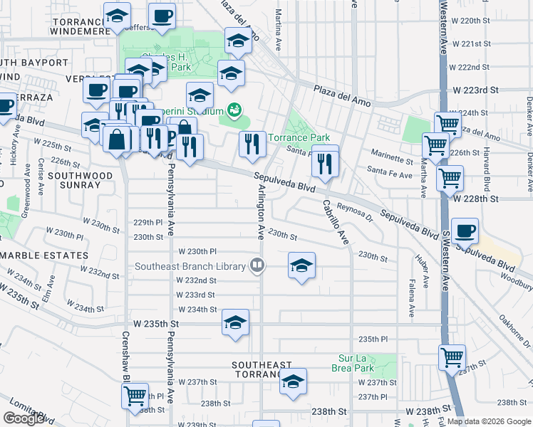 map of restaurants, bars, coffee shops, grocery stores, and more near 22833 Arlington Avenue in Torrance