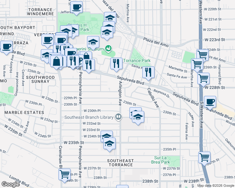 map of restaurants, bars, coffee shops, grocery stores, and more near 22833 Arlington Avenue in Torrance