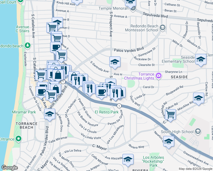 map of restaurants, bars, coffee shops, grocery stores, and more near 456 Avenue E in Redondo Beach