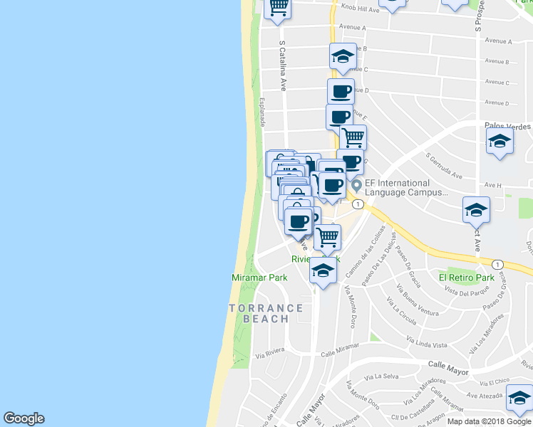 map of restaurants, bars, coffee shops, grocery stores, and more near 116 Avenue I in Redondo Beach