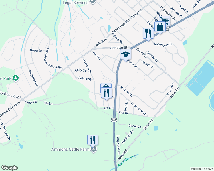 map of restaurants, bars, coffee shops, grocery stores, and more near 404 South Oaks Street in Conway