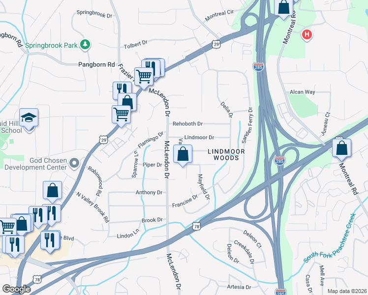 map of restaurants, bars, coffee shops, grocery stores, and more near 3170 Burgundy Road in Decatur