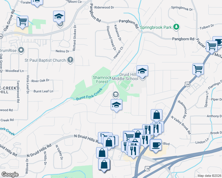 map of restaurants, bars, coffee shops, grocery stores, and more near 1336 Balsam Drive in Decatur
