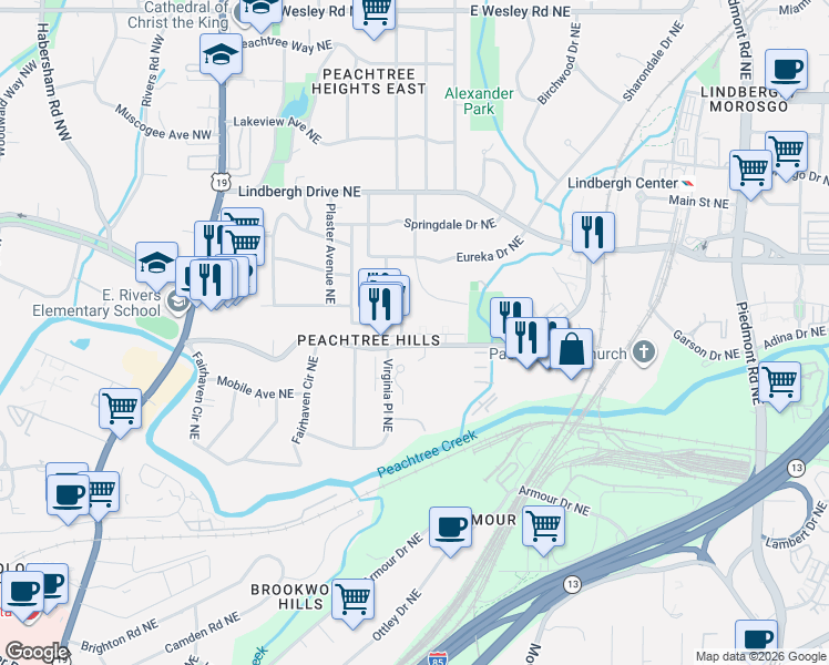 map of restaurants, bars, coffee shops, grocery stores, and more near 2354 Hurst Drive Northeast in Atlanta