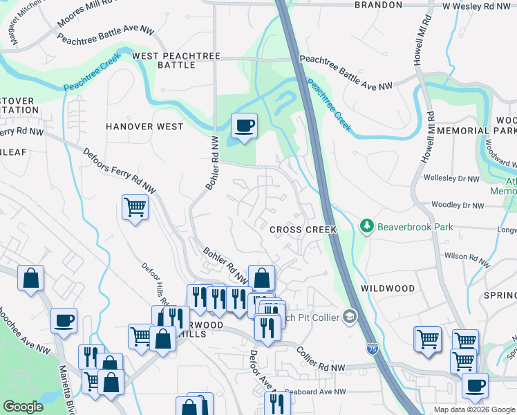 map of restaurants, bars, coffee shops, grocery stores, and more near 111 Adrian Place Northwest in Atlanta