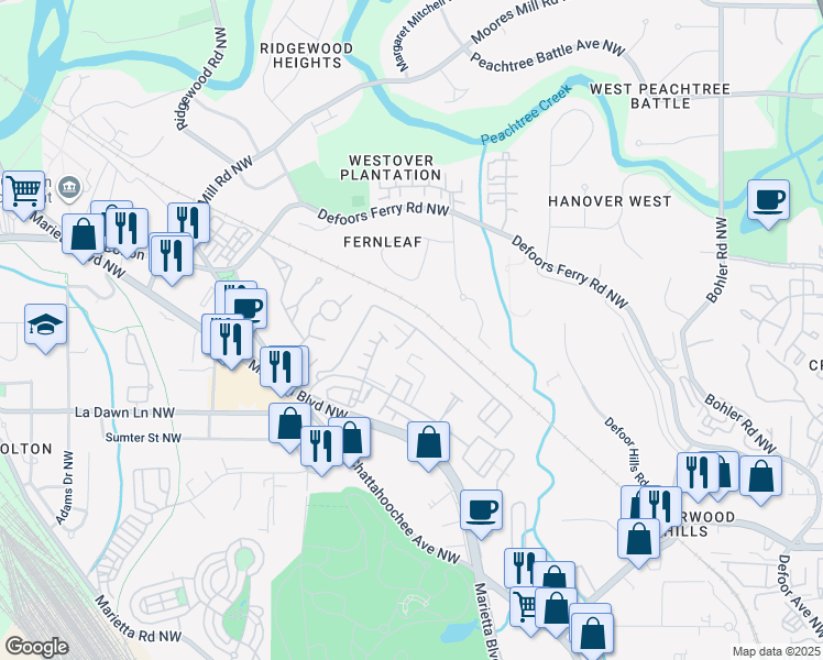 map of restaurants, bars, coffee shops, grocery stores, and more near 1296 Liberty Parkway Northwest in Atlanta