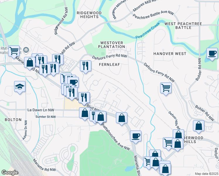 map of restaurants, bars, coffee shops, grocery stores, and more near 1049 Brandsford Street Northwest in Atlanta