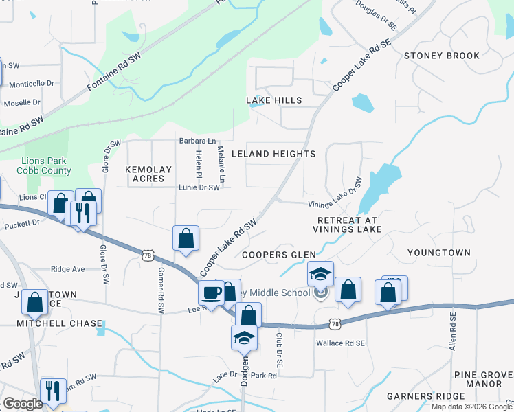 map of restaurants, bars, coffee shops, grocery stores, and more near 29 Cooper Lake Road Southwest in Mableton