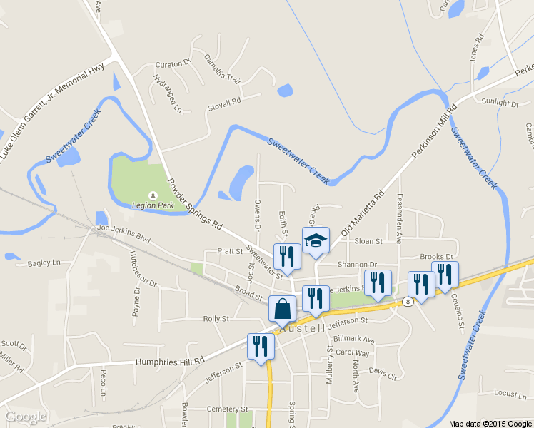 map of restaurants, bars, coffee shops, grocery stores, and more near 5603 Owens Drive in Austell