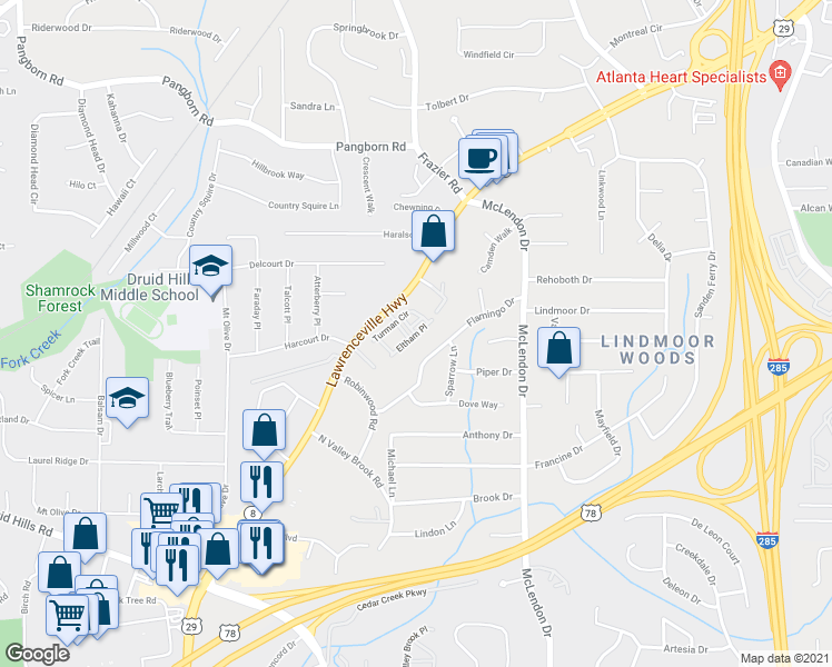 map of restaurants, bars, coffee shops, grocery stores, and more near 2993 Eltham Place in Decatur