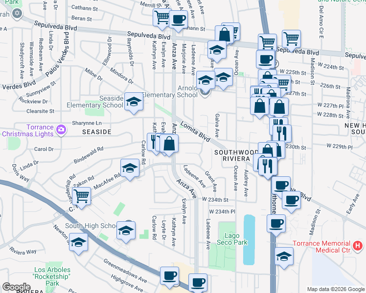 map of restaurants, bars, coffee shops, grocery stores, and more near 4306 West 230th Place in Torrance