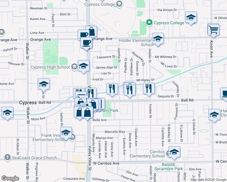 map of restaurants, bars, coffee shops, grocery stores, and more near 6171 Stonehaven Lane in Cypress
