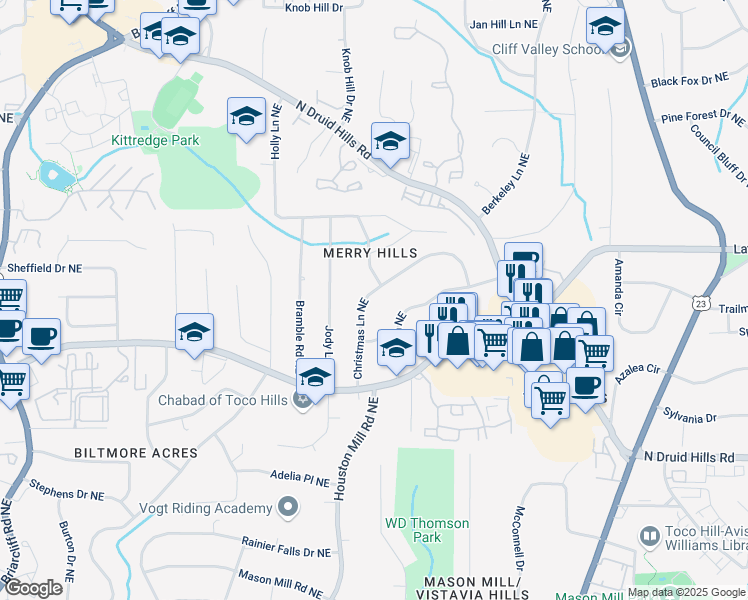 map of restaurants, bars, coffee shops, grocery stores, and more near 1323 Christmas Lane Northeast in Atlanta
