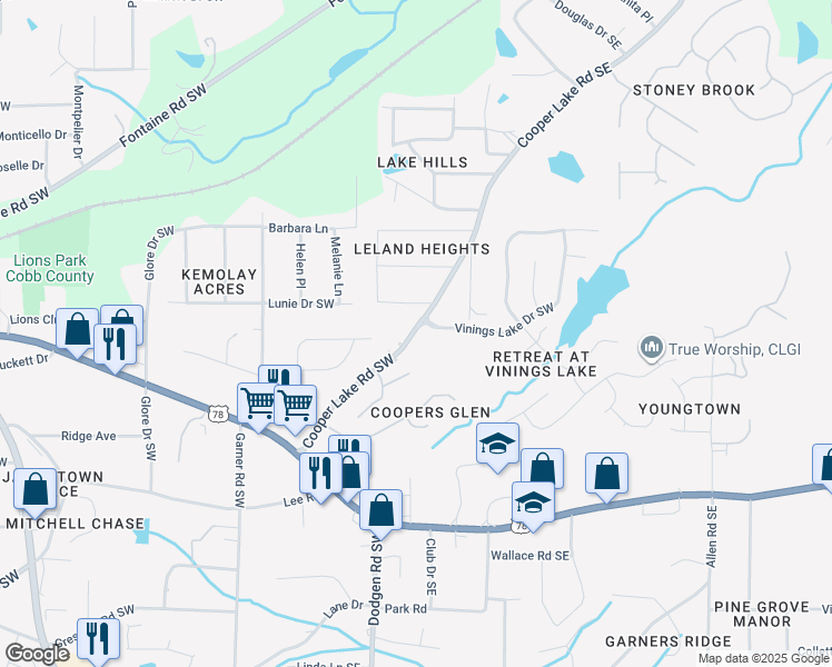 map of restaurants, bars, coffee shops, grocery stores, and more near 30 Cooper Lake Road Southwest in Mableton