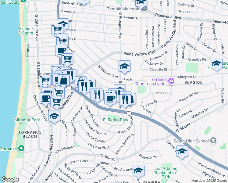 map of restaurants, bars, coffee shops, grocery stores, and more near 522 Avenue F in Redondo Beach