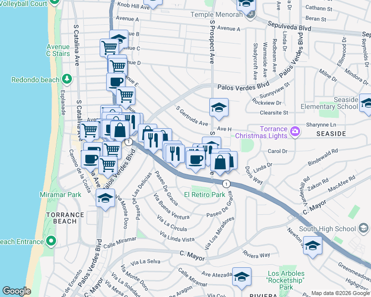 map of restaurants, bars, coffee shops, grocery stores, and more near 507 Avenue G in Redondo Beach