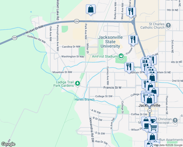 map of restaurants, bars, coffee shops, grocery stores, and more near 517 Mountain Street Northwest in Jacksonville