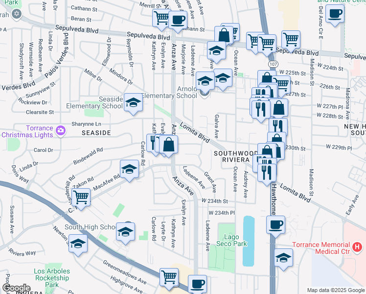 map of restaurants, bars, coffee shops, grocery stores, and more near 4306 West 230th Place in Torrance