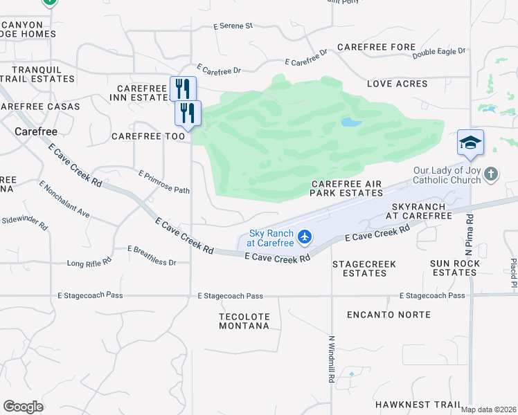 map of restaurants, bars, coffee shops, grocery stores, and more near 36601 Mule Train Road in Carefree