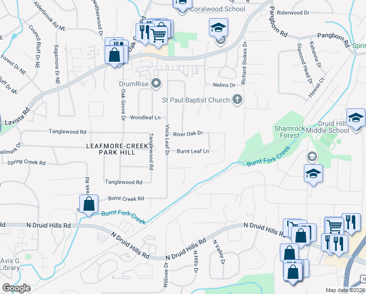 map of restaurants, bars, coffee shops, grocery stores, and more near 2475 River Oak Drive in Decatur